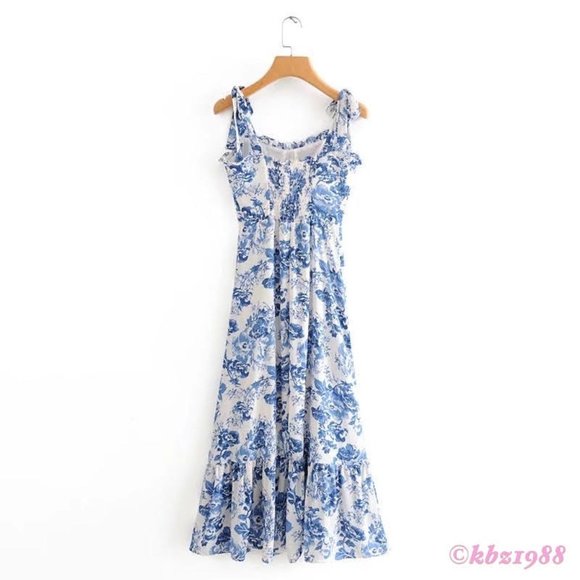 REFORMATION Nikita Olympia Blue & White Floral Toile Midi Dress Long Ruffle 4/S - Picture 5 of 16